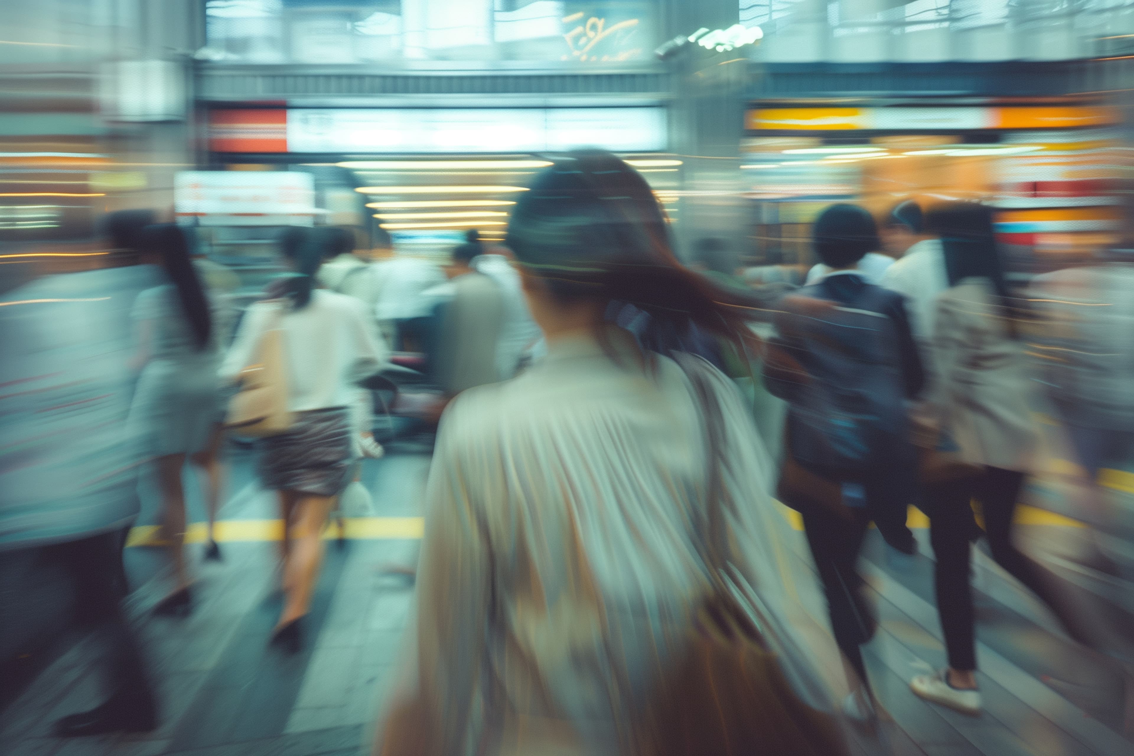 Crowd of people in motion, symbolizing transformation